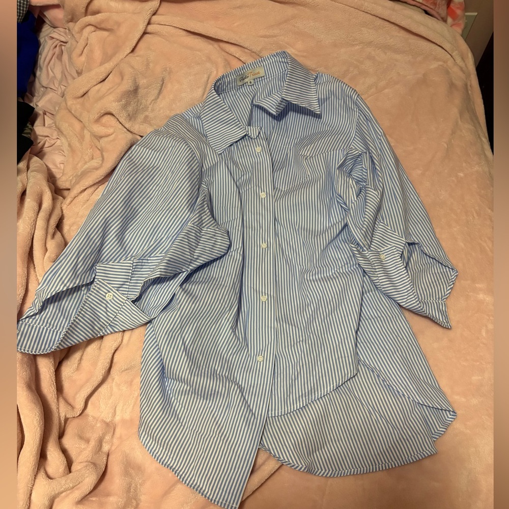 ⭐️Light Blue and White Striped Button-Up Shirt